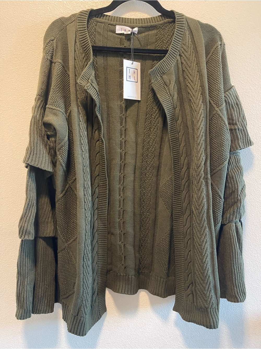 THML Olive Cable & Textured Open Front Cardigan - Picture 6 of 6